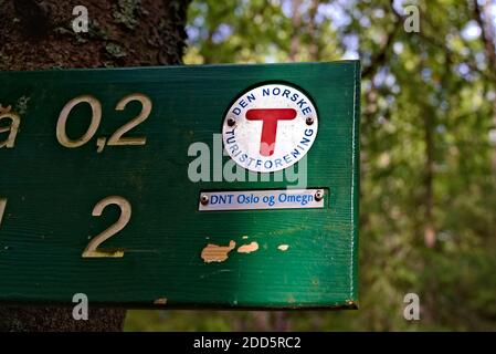 Logo des Norwegischen Wandervereins auf einem Wegweiser im Wald. . Hochwertige Fotos Stockfoto