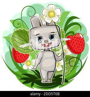 Hasen in den Erdbeerbüschen. Fröhliche Cartoon-Figur. Das gutmütige Tier pflückt Beeren. Runde Komposition. Blumen und Blätter. Garten Stock Vektor