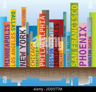 Word Cloud - Skyline Form mit USA Städte / Stadt Namen - Mehrfarbig Stock Vektor