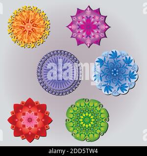 Set von 6 Mandalas - verschiedene Farben - Laub und Blumenmuster auf grauem Hintergrund Stock Vektor