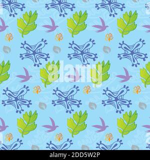 Blumen, Blätter und Vögel Nahtloses Muster in Grün und Blau Stock Vektor