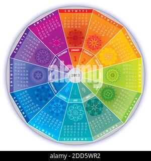 2013 Kalender mit Mandalas in Regenbogenfarben Stock Vektor