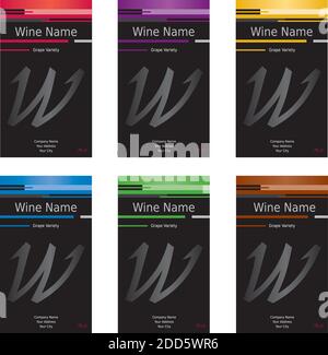 Weinetikett Set mit 6 Stück - verschiedene Farben - modern Design Stock Vektor