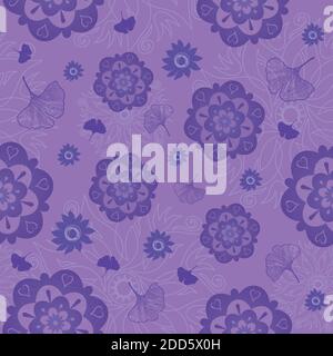 Blume Mandala Nahtloses Muster in Violett mit Blättern auf Lila Hintergrund Stock Vektor
