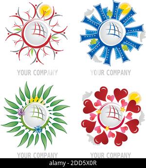 Set von Symbolen des Planeten mit Stadt, Bäumen, Menschen und Herzen Stock Vektor