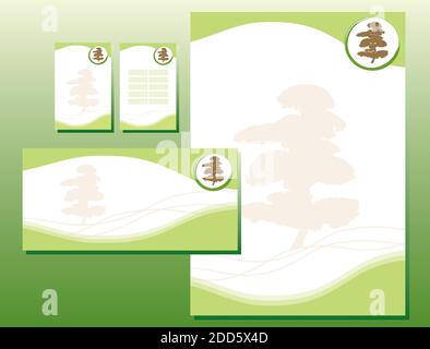 Corporate Identity Set - Pflanze / Japanischer Garten Baum. Enthält Briefkopf-, Visitenkarten- und Info-Karten-Vorlagen Stock Vektor