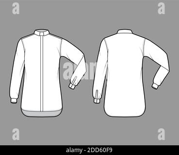 Shirt Klerus technische Mode Illustration mit Ellbogenfalte lange Ärmel, Relax fit, verdeckte Button-Down, Tab Kragen. Flache Schablone vorne, Rückseite weiß Farbe. Damen Herren Unisex TOP CAD Mockup Stock Vektor