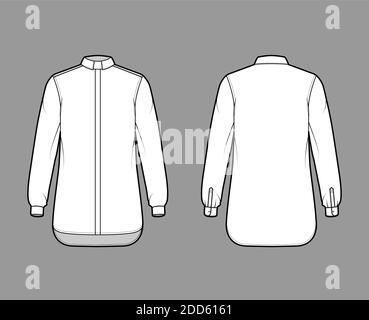 Shirt Klerus technische Mode Illustration mit langen Ärmeln mit Manschette, Relax-Fit, verdeckte Button-Down, Tab Kragen. Flache Schablone vorne, Rückseite weiß Farbe. Damen Herren Unisex TOP CAD Mockup Stock Vektor