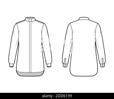 Shirt Klerus technische Mode Illustration mit langen Ärmeln mit Manschette, Relax-Fit, verdeckte Button-Down, Tab Kragen. Flache Schablone vorne, Rückseite weiß Farbe. Damen Herren Unisex TOP CAD Mockup Stock Vektor