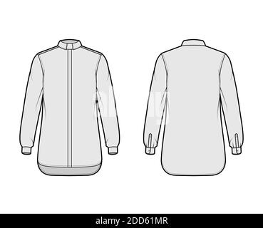 Shirt Klerus technische Mode Illustration mit langen Ärmeln mit Manschette, Relax-Fit, verdeckte Button-Down, Tab Kragen. Flache Schablone vorne, Rückseite graue Farbe. Damen Herren Unisex TOP CAD Mockup Stock Vektor