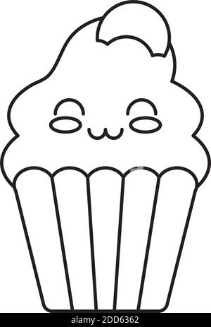 Kawaii Cupcake-Symbol auf weißem Hintergrund, Linienstil, Vektor-Illustration Stock Vektor