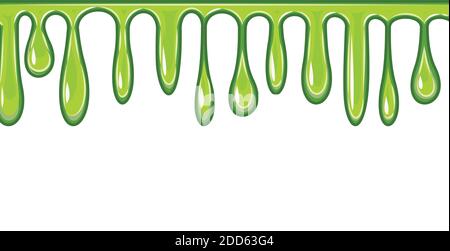 Fließt von hellgrüner Flüssigkeit. Dick fließende Farbe. Schleim. Die Tropfen rutschen. Das isolierte Objekt auf weißem Hintergrund. Flacher Cartoon-Stil. Glanz Stockfoto