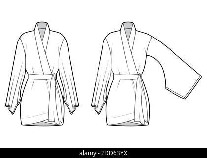 Set von Kimono Robe technische Mode Illustration mit langen breiten Ärmeln, Gürtel um die Taille zu cinch, über-die-Knie-Länge. Flatbluse Schablone vorne, weiß. Frauen Männer Unisex CAD Shirt Mockup Stock Vektor