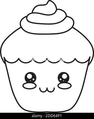 Symbol von kawaii Cupcake auf weißem Hintergrund, Linienstil, Vektor-Illustration Stock Vektor