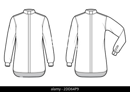 Set von Shirt Klerus technische Mode Illustration mit Ellenbogen Falten lange Ärmel, Relax fit, verdeckte Button-Down, Tab Kragen. Flache Schablone vorne, weiße Farbe. Damen Herren Unisex TOP CAD Mockup Stock Vektor
