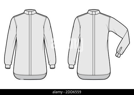 Set von Shirt Klerus technische Mode Illustration mit Ellenbogen Falten lange Ärmel, Relax fit, verdeckte Button-Down, Tab Kragen. Flache Schablone vorne, graue Farbe. Damen Herren Unisex TOP CAD Mockup Stock Vektor