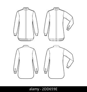Set von Shirt Klerus technische Mode Illustration mit Ellenbogen Falten lange Ärmel, Relax fit, verdeckte Button-Down, Tab Kragen. Flache Schablone vorne, Rückseite weiß Farbe. Damen Herren Unisex TOP CAD Mockup Stock Vektor
