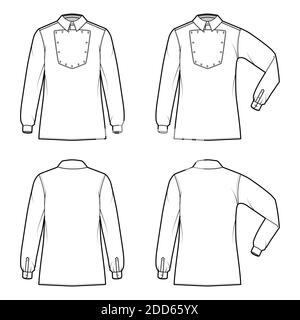 Set von Shirt Kavallerie Officer technische Mode Illustration mit Lätzchen, Ellbogenfalte lange Ärmel, Relax-Passform, klassischen Kragen. Flat Wild West Stil Vorlage vorne zurück weiße Farbe. Frauen Männer top CAD Mockup Stock Vektor