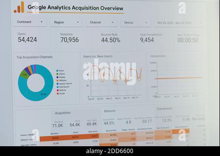 New york, USA - 24. November 2020: Google Analytics Akquisition Übersicht auf Laptop-Bildschirm Stockfoto