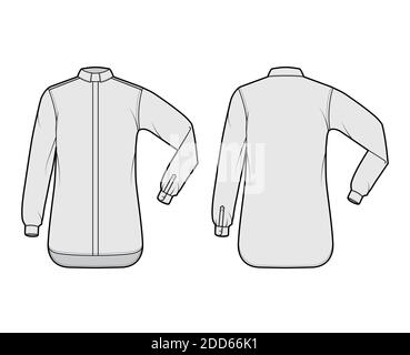 Shirt Klerus technische Mode Illustration mit Ellbogenfalte lange Ärmel, Relax fit, verdeckte Button-Down, Tab Kragen. Flache Schablone vorne, Rückseite graue Farbe. Damen Herren Unisex TOP CAD Mockup Stock Vektor