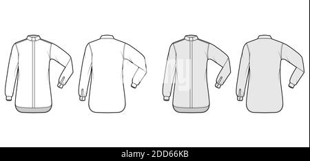 Shirt Klerus technische Mode Illustration mit Ellbogenfalte lange Ärmel, Relax fit, verdeckte Button-Down, Tab Kragen. Flache Schablone vorne, Rückseite weiß grau Farbe. Damen Herren Unisex TOP CAD Mockup Stock Vektor