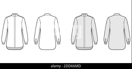 Shirt Klerus technische Mode Illustration mit langen Ärmeln mit Manschette, Relax-Fit, verdeckte Button-Down, Tab Kragen. Flache Schablone vorne, Rückseite weiß grau Farbe. Damen Herren Unisex TOP CAD Mockup Stock Vektor