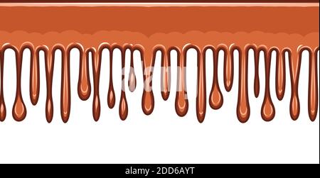 Perlen aus brauner Flüssigkeit. Leichte Schokolade, Karamell. Pudding. Dick fließende Farbe. Schleim. Die Tropfen rutschen. Das isolierte Objekt auf einem weißen Stockfoto