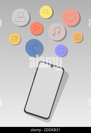 Flachtelefon mit Symbolen des sozialen Netzwerks. Konzept der sozialen Medien. Mobile Vorlage. Fernkommunikation. Vektorgrafik. Stock Vektor