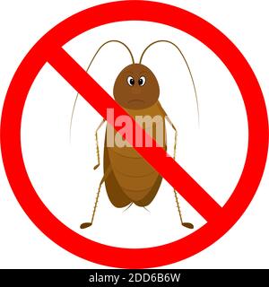 Keine Kakerlake Zeichen in rot gekreuzten Kreis Vektor-Symbol auf weißem Hintergrund isoliert. Insektensymbol stoppen. Flaches Design Cartoon-Stil Figur Illustration Stock Vektor