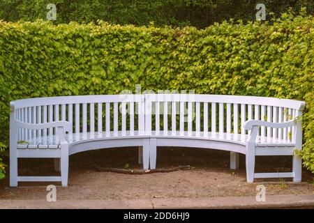 Leere weiße Holzbank im öffentlichen Park im Sommer Stockfoto