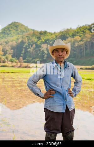 Porträt eines Reisfeldarbeiters aus dem Stamm Lahu, Chiang Rai, Thailand, Südostasien, Asien, Südostasien Stockfoto