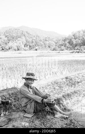 Schwarz-Weiß-Porträt eines Mannes, der nach dem Pflanzen von Reis in Reisfeldern rund um Chiang Rai, Thailand, Südostasien, ruht Stockfoto