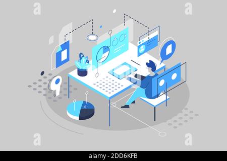 3D isometrisch, der Kerl arbeitet am Computer Stock Vektor