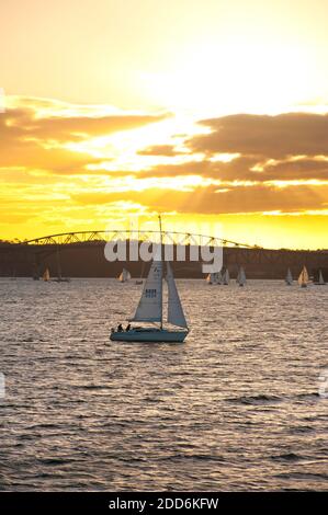 Segelboot bei Sonnenuntergang im Waitemata Hafen, Auckland, Nordinsel, Neuseeland Stockfoto