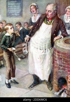 OLIVER TWIST BITTET UM MEHR. Illustration für Charles Dicken Roman von Harold Copping erzählt für Kinder in einer Kompilation von 1920. Stockfoto