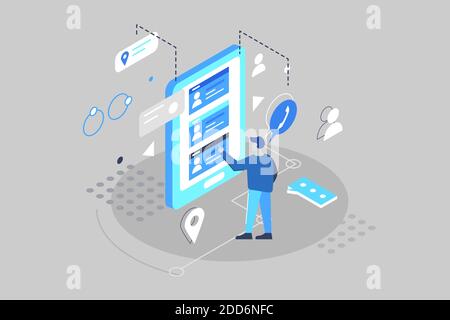 3D isometrisch, wählt der Kerl Kontakte im Telefon aus Stock Vektor