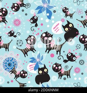 Nahtloses Urlaubsmuster mit liebevollen Katzen auf einem schönen Hintergrund. Schönes Ornament mit Katzen zum Valentinstag. Stock Vektor
