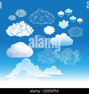 Illustration einer Reihe von verschiedenen grafischen Wolken auf einem blauen Hintergrund. Wolken unterschiedlicher Formen und Konturen. Stock Vektor