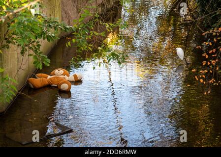 Ein großer ausgestopfter Teddybär, der in der Flussmündung des Pritle Brook abgeführt wurde. Historischer Fluss von Prittlewell, und Southend, Essex, Großbritannien. Weggeworfenes Kinderspielzeug Stockfoto