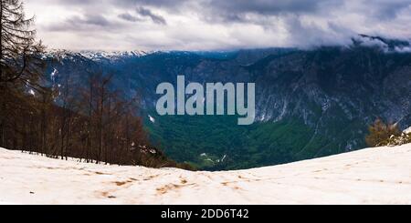 Bohinj Becken vom Vogel Skigebiet, Triglav Nationalpark, Julische Alpen, Slowenien, Europa Stockfoto