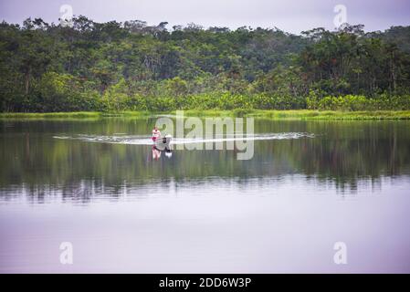 Kanu-Dugout-Bootsfahrt in einer Amazonas-Regenwald-Lagune in der Sacha Lodge, Coca, Ecuador, Südamerika Stockfoto