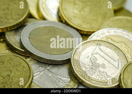 Europäische Euro Reichtum Münzen Nahaufnahme Ansicht, vitruvian Mann italienischen Euro Münze.Wirtschaft Stockfoto