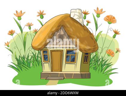 Altes Gartenhaus mit Reetdach. Fabelhafte Cartoon-Objekt. Niedlicher Kinderstil. Uralte Wohnung. Winzig, klein. Vor dem Hintergrund eines Stockfoto