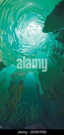 Unterwasser Welt Illustration Hintergrund, farbige Silhouetten Elemente, flach Stock Vektor