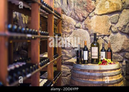 Weinflaschen im Weinkeller des Lares de Chacras Boutique Hotels, Chacras de Coria in Mendoza, Provinz Mendoza, Argentinien, Südamerika Stockfoto