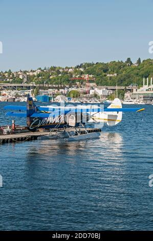 The King 5 Evening News Wasserflugzeug in der Nähe des Kenmore Air Wasserflugzeugs am Dock am Lake Union in der Nähe von, Queen Anne, Seattle, Washington. Stockfoto