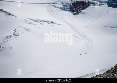 Bergsteiger, die den Glaciar de los Tres erkletterten und vom Berg Fitz Roy (auch bekannt als Cerro Chalten), El Chalten, Patagonien, Argentinien, Südamerika zurückkehrten Stockfoto