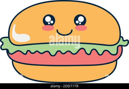 Kawaii Hamburger-Symbol auf weißem Hintergrund, flacher Stil, Vektor-Illustration Stock Vektor