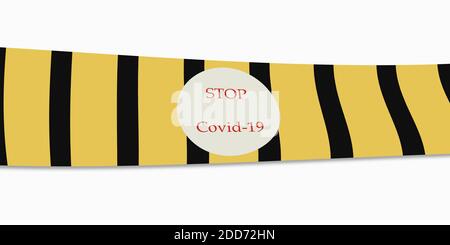 Stoppen Sie das Covid-19-Symbol auf dem gestreiften Band. Isoliertes schwarzes und gelbes Band. 3D-Rendering Stockfoto
