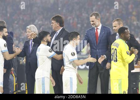 König von Spanien Felipe VI nach dem UEFA Europa League Finale Fußballspiel, Olympique de Marseille gegen Atletico Madrid in Lyon-Decines Stadion, Decines, Frankreich am 16. Mai 2018. Atletico Madrid gewann 3:0. Foto von Henri Szwarc/ABACAPRESS.COM Stockfoto